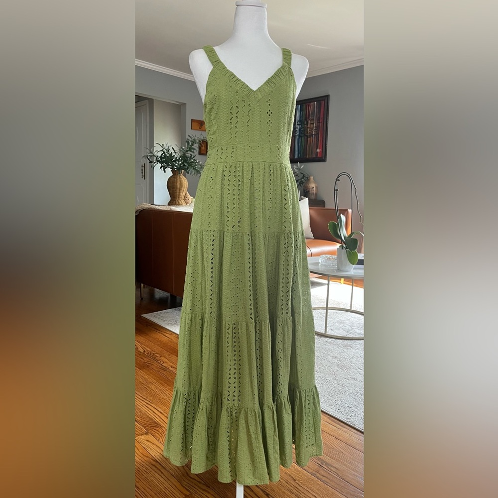 A COLLECTIVE STORY Women’s Green Eyelet Midi Dress Cotton Sz. L Fit & Flare